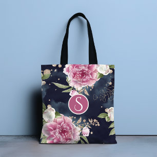 Monogram Glitter Waterverf Roze Blauwe Floral Meis Tote Bag