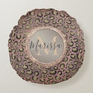 Monogram Glitterij Chique Leopard Roos Goud Rond Kussen