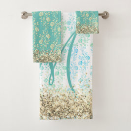 Monogram Glittery Flowers op Blauwgroen Bad Handdoek