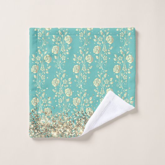 Monogram Glittery Flowers op Blauwgroen Bad Handdoek (Wasdoekje)