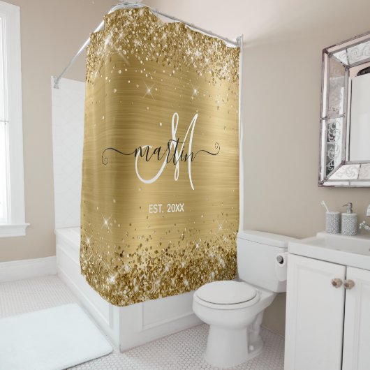 Monogram Glittery Gold Foil Family Douchegordijn (In situ)