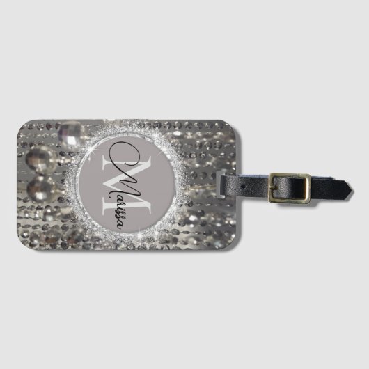 Monogram Glittery Silver Stringed Beads Bagagelabel (Voorkant (horizontaal))
