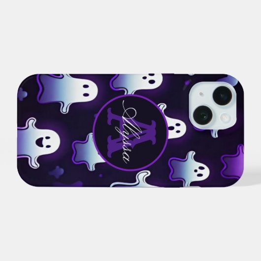 Monogram gloeiende geesten in de nacht iPhone 15 case (Achterkant horizontaal)