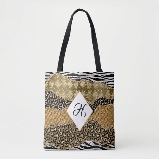 Monogram Gold Black Animal Print Safari Agate Tote Bag (Voorkant)
