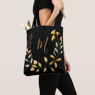 Monogram Gold Black Foliage-Waterverf Tote Bag