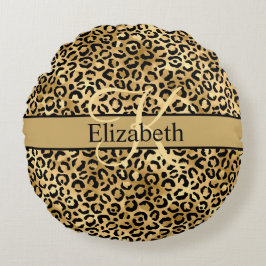 Monogram Gold Black Leopard Print Trendy Rond Kussen