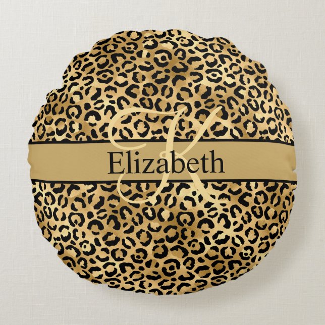 Monogram Gold Black Leopard Print Trendy Rond Kussen (Voorkant)