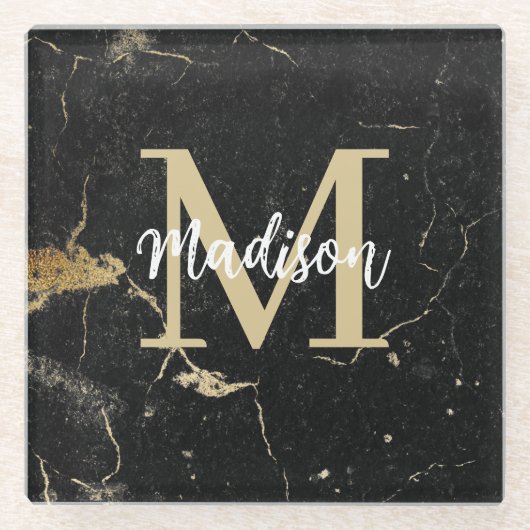 Monogram Gold Black Marmer Glazen Onderzetter (Voorkant)