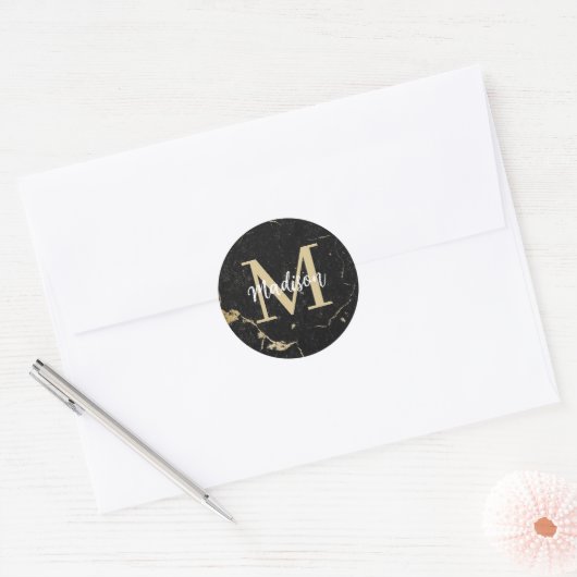 Monogram Gold Black Marmer Ronde Sticker (Envelop)