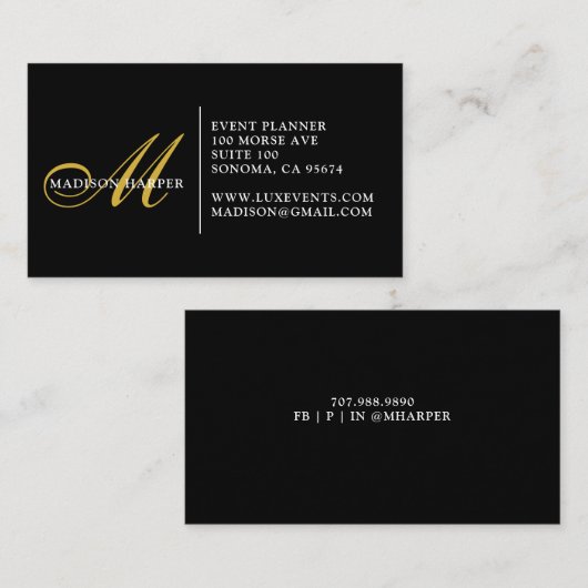 Monogram Gold Black Script Name Event Planner Mono Visitekaartje (Voorkant / Achterkant)