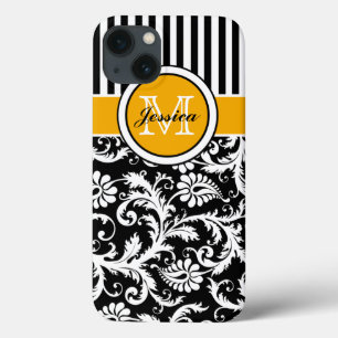 Monogram Gold Black White Striped Damask iPad Air iPhone 13 Hoesje
