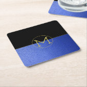 Monogram Gold Cirkel Blauw Faux Leder & Zwart Kartonnen Onderzetters (Schuin)