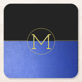 Monogram Gold Cirkel Blauw Faux Leder & Zwart Kartonnen Onderzetters