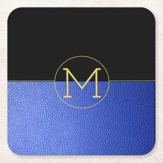 Monogram Gold Cirkel Blauw Faux Leder & Zwart Kartonnen Onderzetters