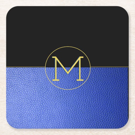 Monogram Gold Cirkel Blauw Faux Leder & Zwart Kartonnen Onderzetters (Voorkant)