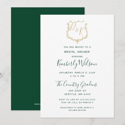 Monogram Gold Crest en Forest Green Vrijgezellenfe Kaart (Voorkant / Achterkant)
