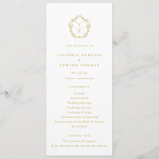  Monogram Gold Crest Wedding Programma Programmakaart (Voorkant)