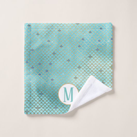 Monogram Gold en Blue Ombre Mermaid Scales Bad Handdoek (Wasdoekje)