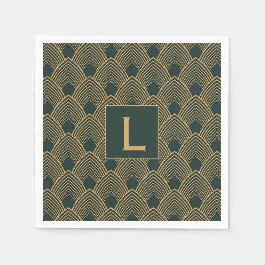 Monogram Gold en Emerald Green Art Deco Pattern Servet (Voorkant)