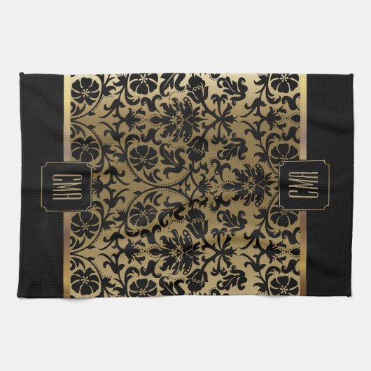 Monogram Gold en Floral Damask Pattern Kitchen Tow Theedoek (Horizontaal)