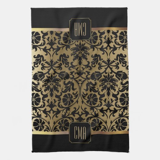 Monogram Gold en Floral Damask Pattern Kitchen Tow Theedoek (Verticaal)