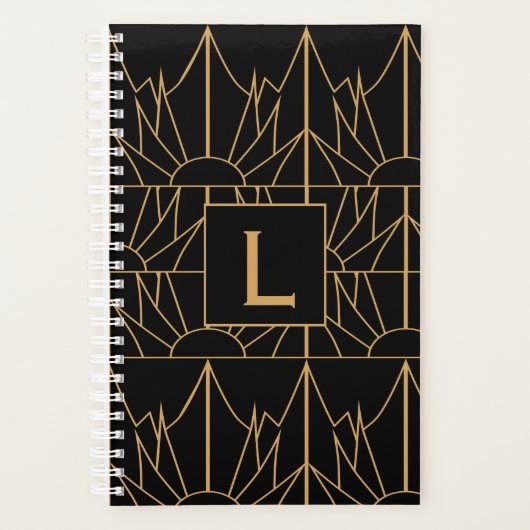 Monogram Gold en zwart Deco Patroon Planner (Voorkant)