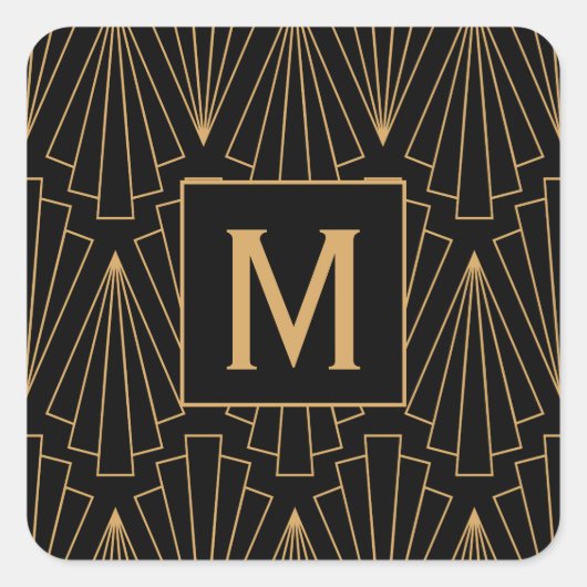 Monogram Gold en zwart Deco Patroon Vierkante Sticker (Voorkant)
