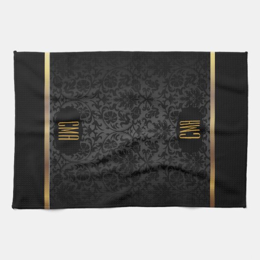 Monogram Gold & Floral Damask Pattern Theedoek (Horizontaal)