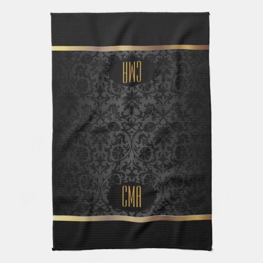 Monogram Gold & Floral Damask Pattern Theedoek (Verticaal)