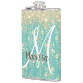 Monogram Gold Floral op groen Blauwgroen Heupfles (Links)