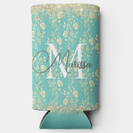Monogram Gold Floral op groen Blauwgroen Seltzer Blikjeskoeler