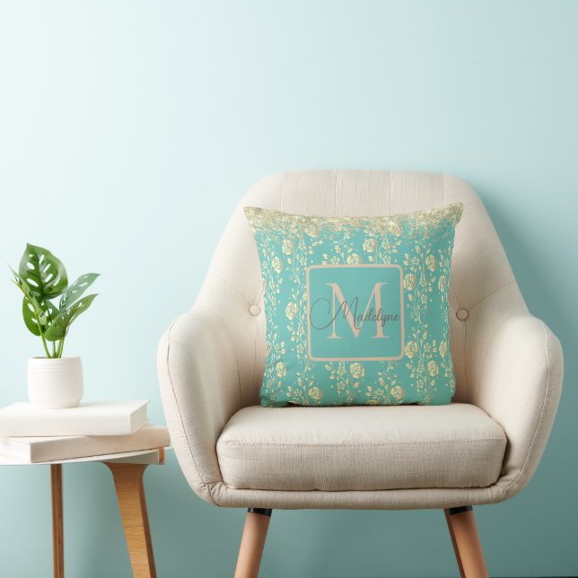 Monogram Gold Floral op groen Blauwgroen Sierkusse Kussen (Stoel)