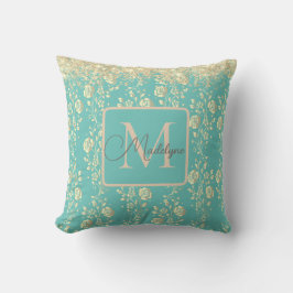 Monogram Gold Floral op groen Blauwgroen Sierkusse Kussen