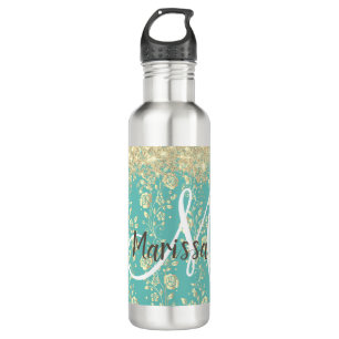 Monogram Gold Floral op groen Blauwgroen Waterfles