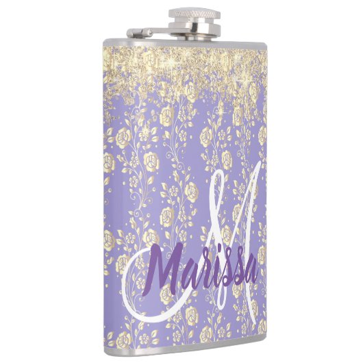 Monogram Gold Floral op Lavender Heupfles (Rechts)