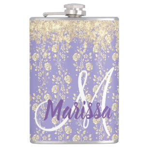 Monogram Gold Floral op Lavender Heupfles