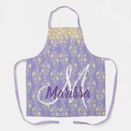 Monogram Gold Floral op Lavender Schort