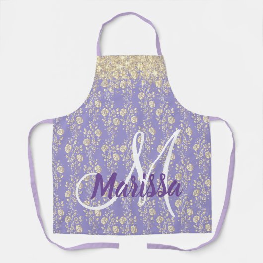 Monogram Gold Floral op Lavender Schort (Voorkant)