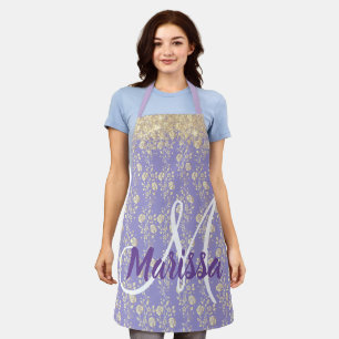 Monogram Gold Floral op Lavender Schort