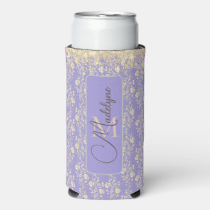 Monogram Gold Floral op Lavender Seltzer Blikjeskoeler