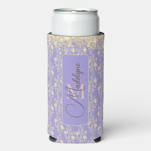 Monogram Gold Floral op Lavender Seltzer Blikjeskoeler (Seltzer Voorkant)