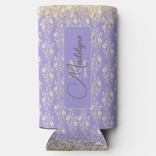 Monogram Gold Floral op Lavender Seltzer Blikjeskoeler (Achterkant)