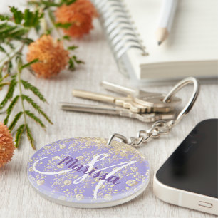 Monogram Gold Floral op Lavender Sleutelhanger