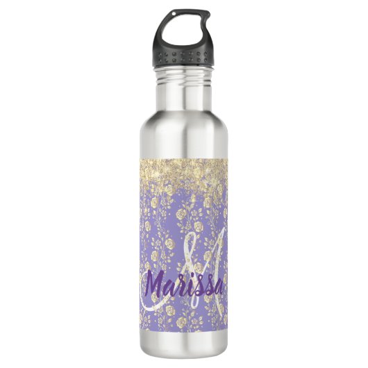 Monogram Gold Floral op Lavender Waterfles (Voorkant)