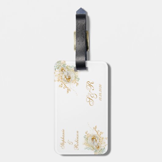 Monogram Gold Floral Wedding Gift Bagagelabel (Achterkant verticaal)