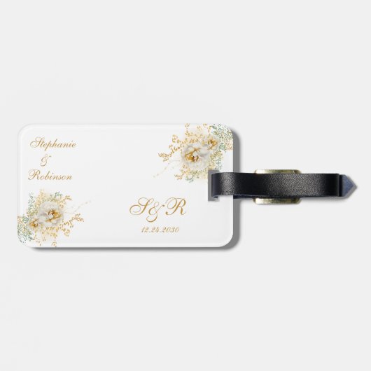 Monogram Gold Floral Wedding Gift Bagagelabel (Achterkant horizontaal)