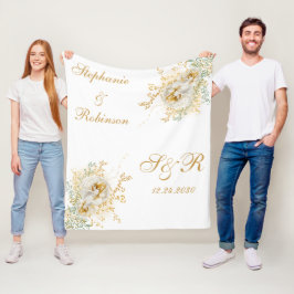 Monogram Gold Floral Wedding Gift Fleece Deken