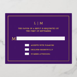 Monogram Gold Foil Purple Wedding RSVP Card Folie Uitnodiging Briefkaart