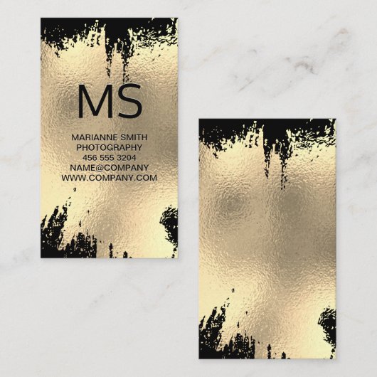Monogram | Gold Foil Spatter Black Achtergrond Visitekaartje (Voorkant / Achterkant)