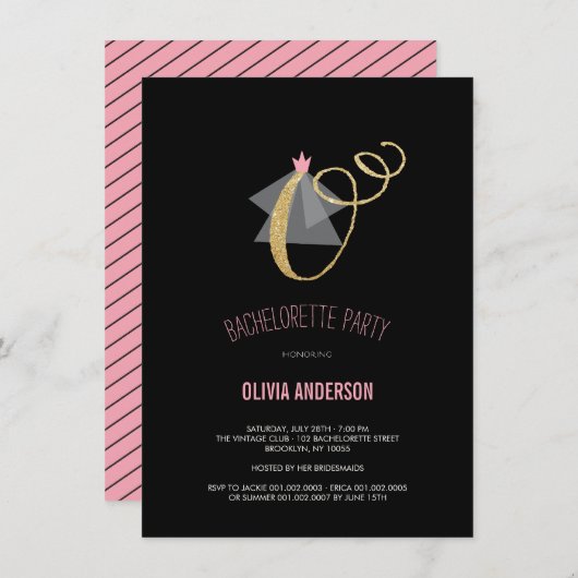 Monogram Gold Glitter Bachelorette Party Invite Kaart (Voorkant / Achterkant)